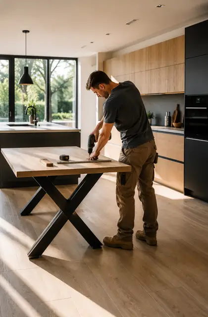 Un trabajador ensambla una mesa en la cocina.